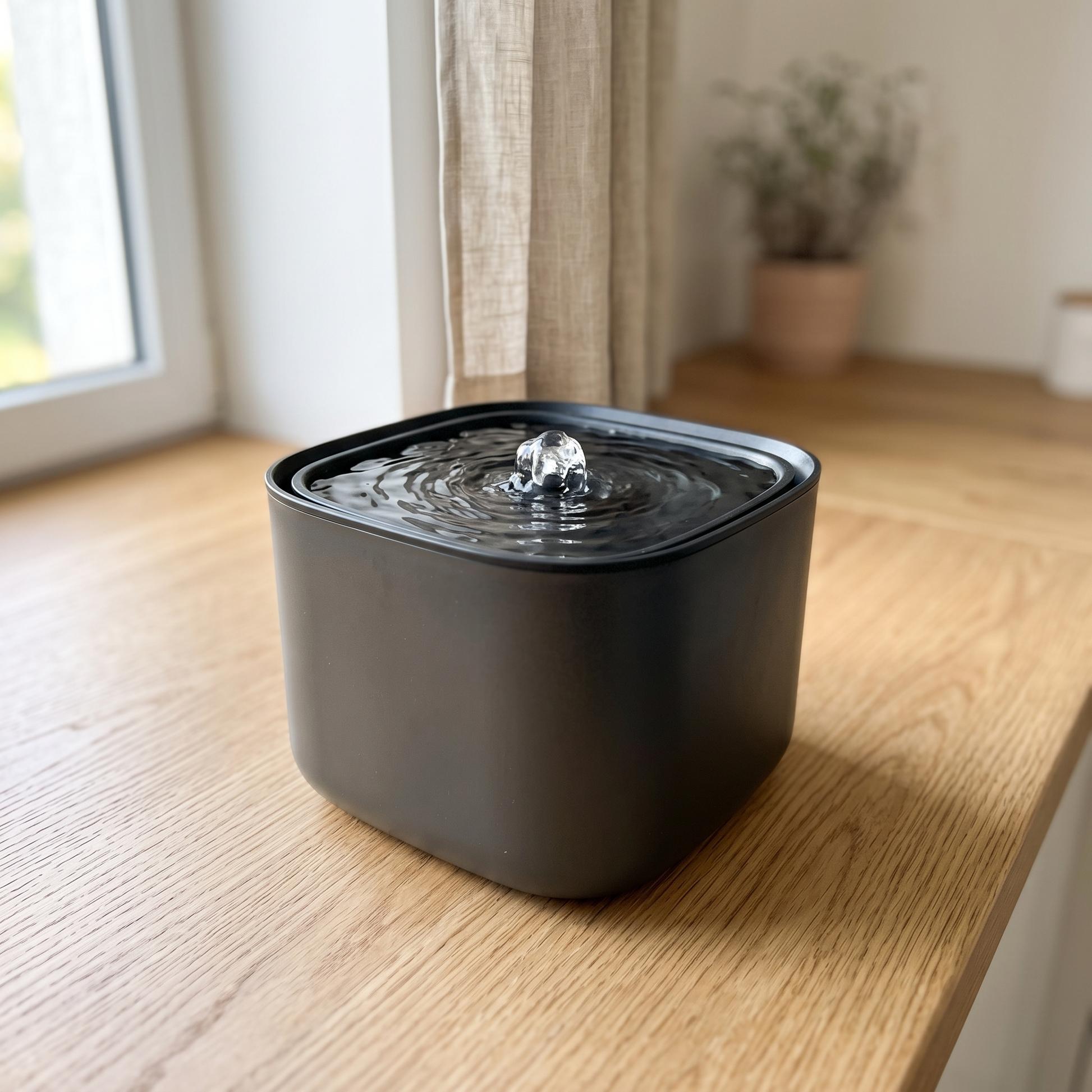 Resophy cat water fountain in Smoky Gray, wide view on a wooden table
